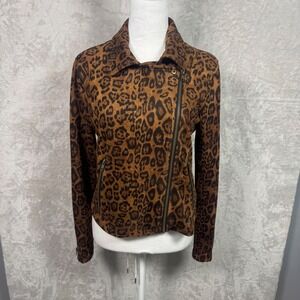 Sanctuary Women Leopard Moto Jacket Small Full Zip Faux Suede Brown Animal Print